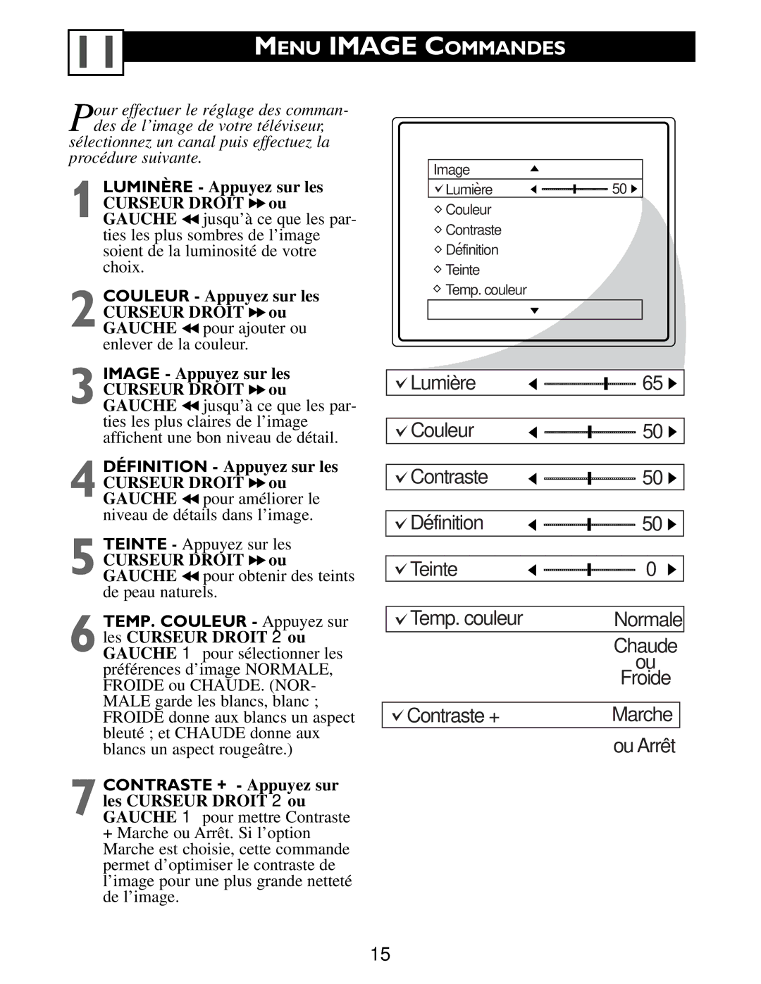 Philips 3141 055 22261 manuel dutilisation Menu Image Commandes, Les Curseur Droit 2 ou Gauche 1 pour mettre Contraste 