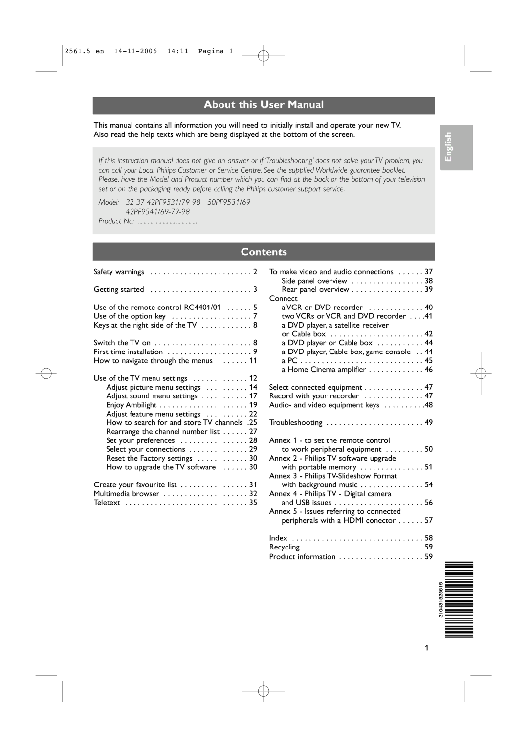 Philips 32-37-42PF9531/79-98 user manual Contents 