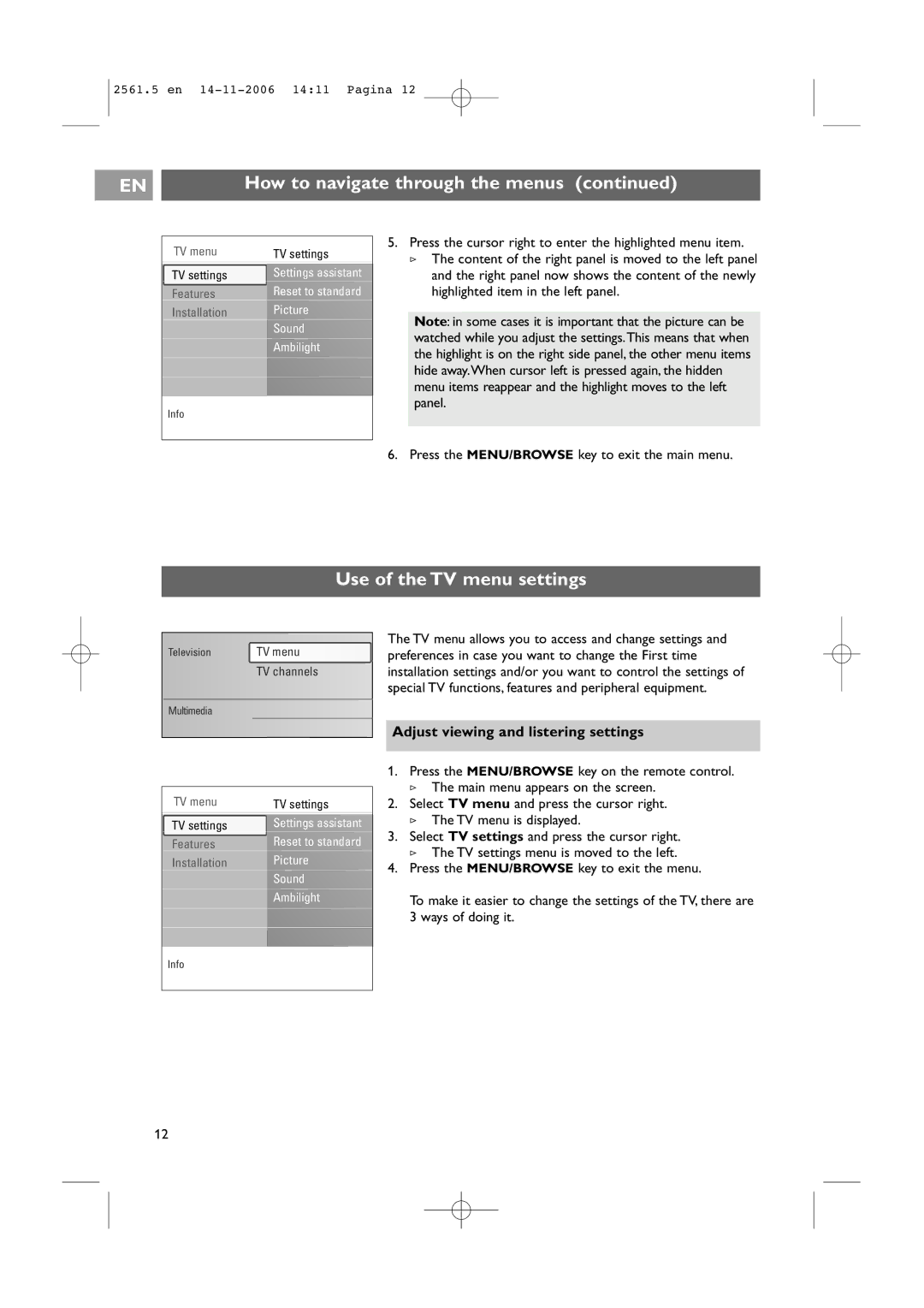 Philips 32-37-42PF9531/79-98 user manual Use of the TV menu settings, Adjust viewing and listering settings 