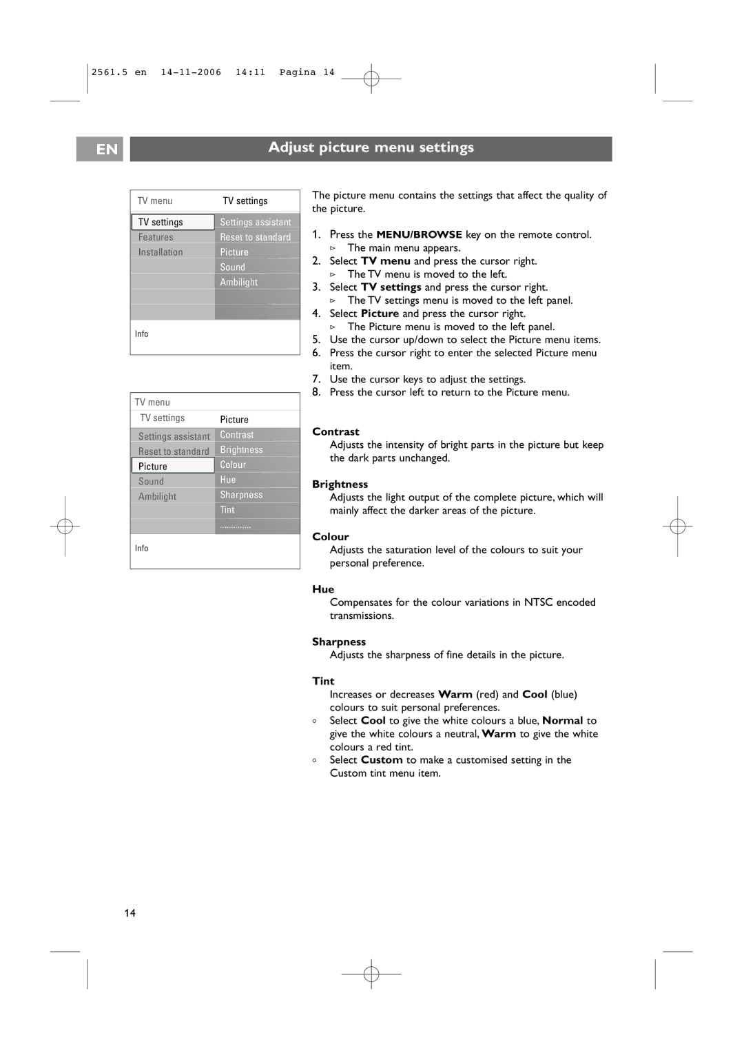 Philips 32-37-42PF9531/79-98 user manual Adjust picture menu settings 