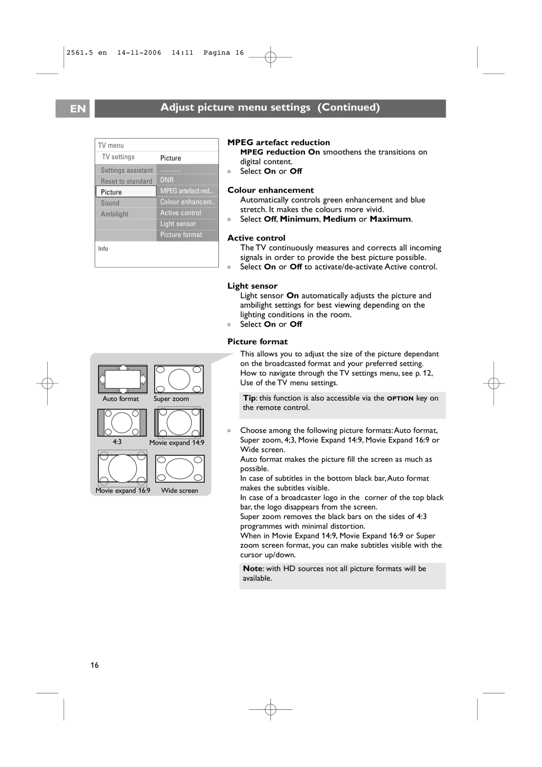 Philips 32-37-42PF9531/79-98 user manual Mpeg artefact reduction, Colour enhancement, Light sensor, Picture format 