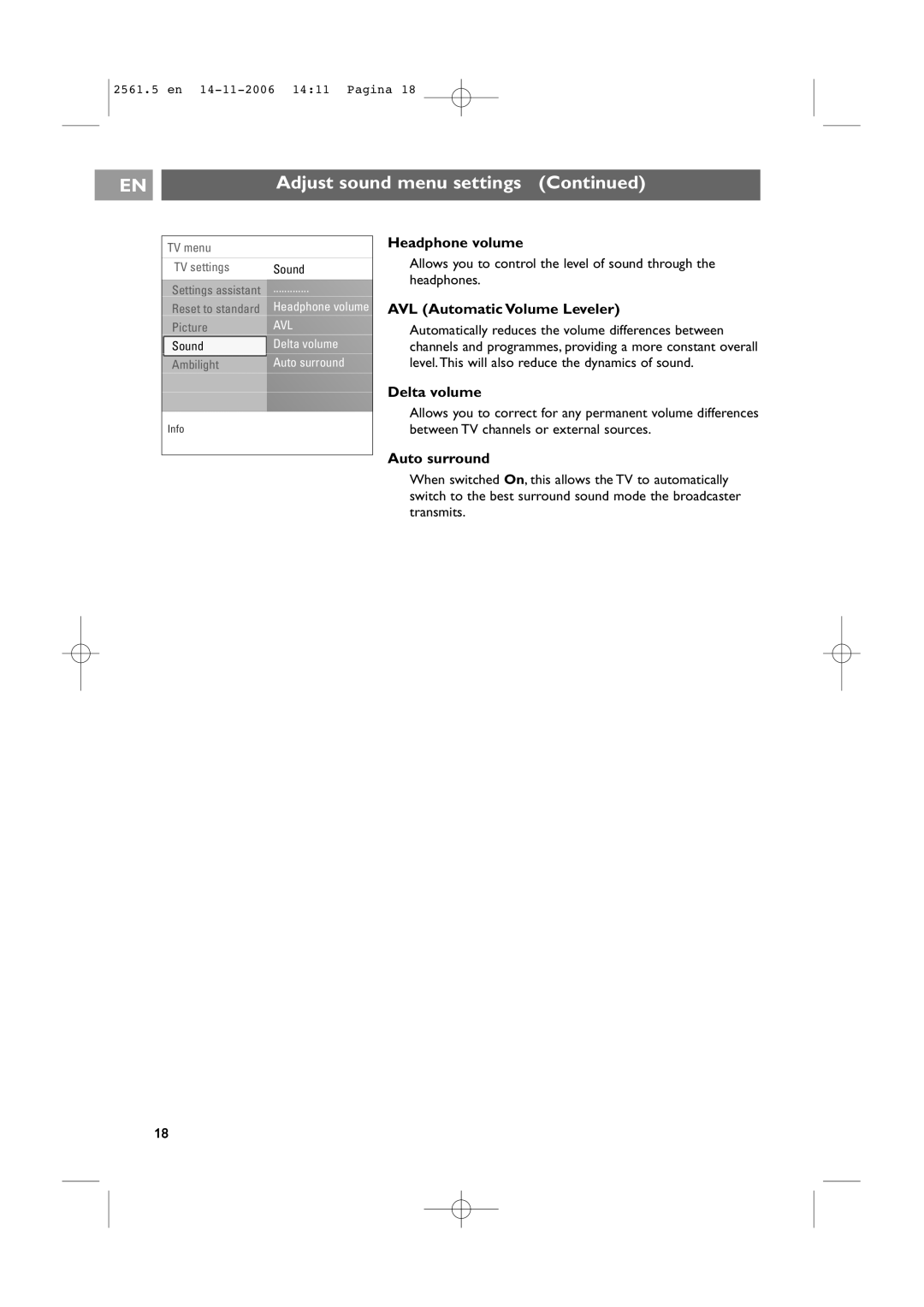 Philips 32-37-42PF9531/79-98 user manual Headphone volume, AVL Automatic Volume Leveler, Delta volume, Auto surround 