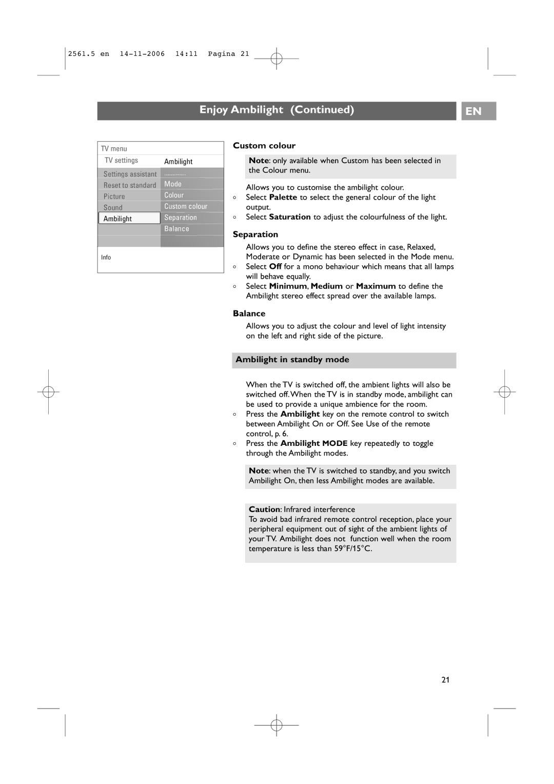 Philips 32-37-42PF9531/79-98 user manual Custom colour, Separation, Ambilight in standby mode 