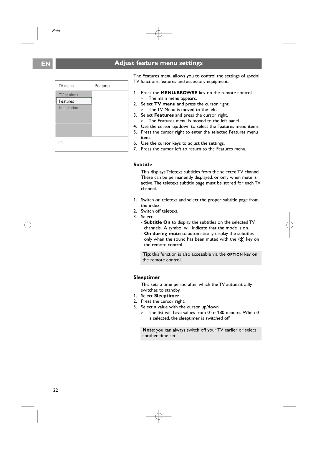 Philips 32-37-42PF9531/79-98 user manual Adjust feature menu settings, Subtitle, Select Sleeptimer 