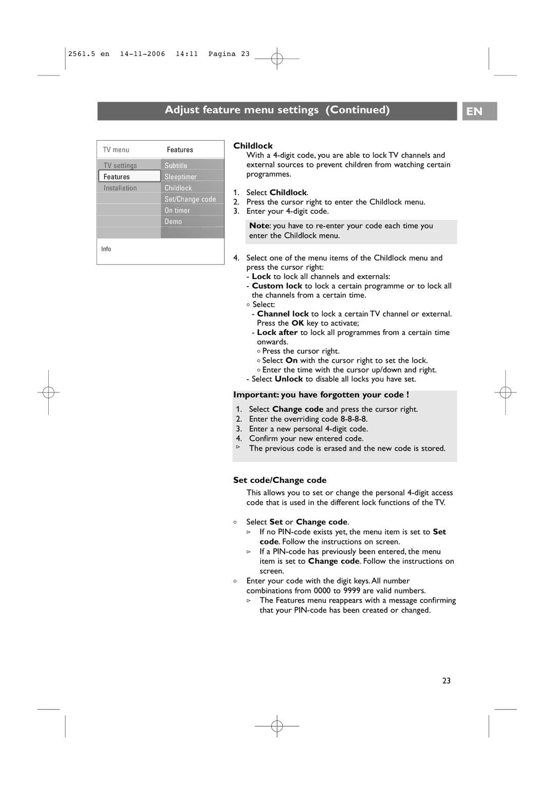 Philips 32-37-42PF9531/79-98 user manual Important you have forgotten your code, Set code/Change code, Select Childlock 