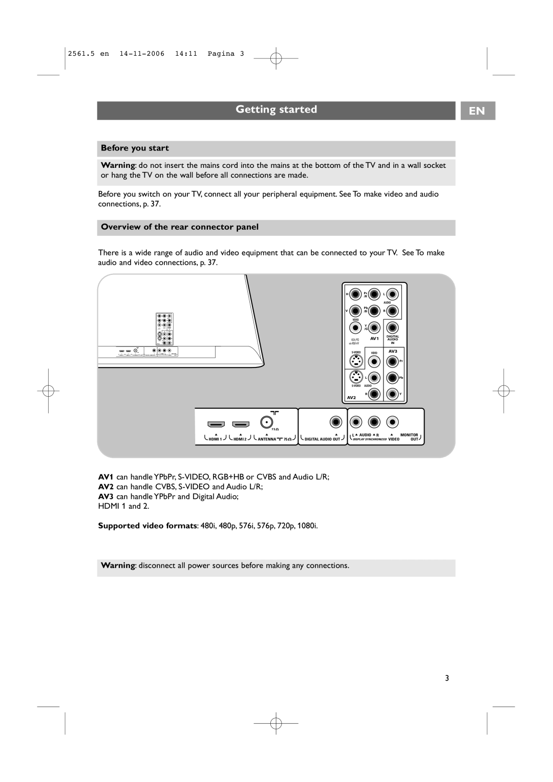 Philips 32-37-42PF9531/79-98 user manual Getting started, Before you start, Overview of the rear connector panel 