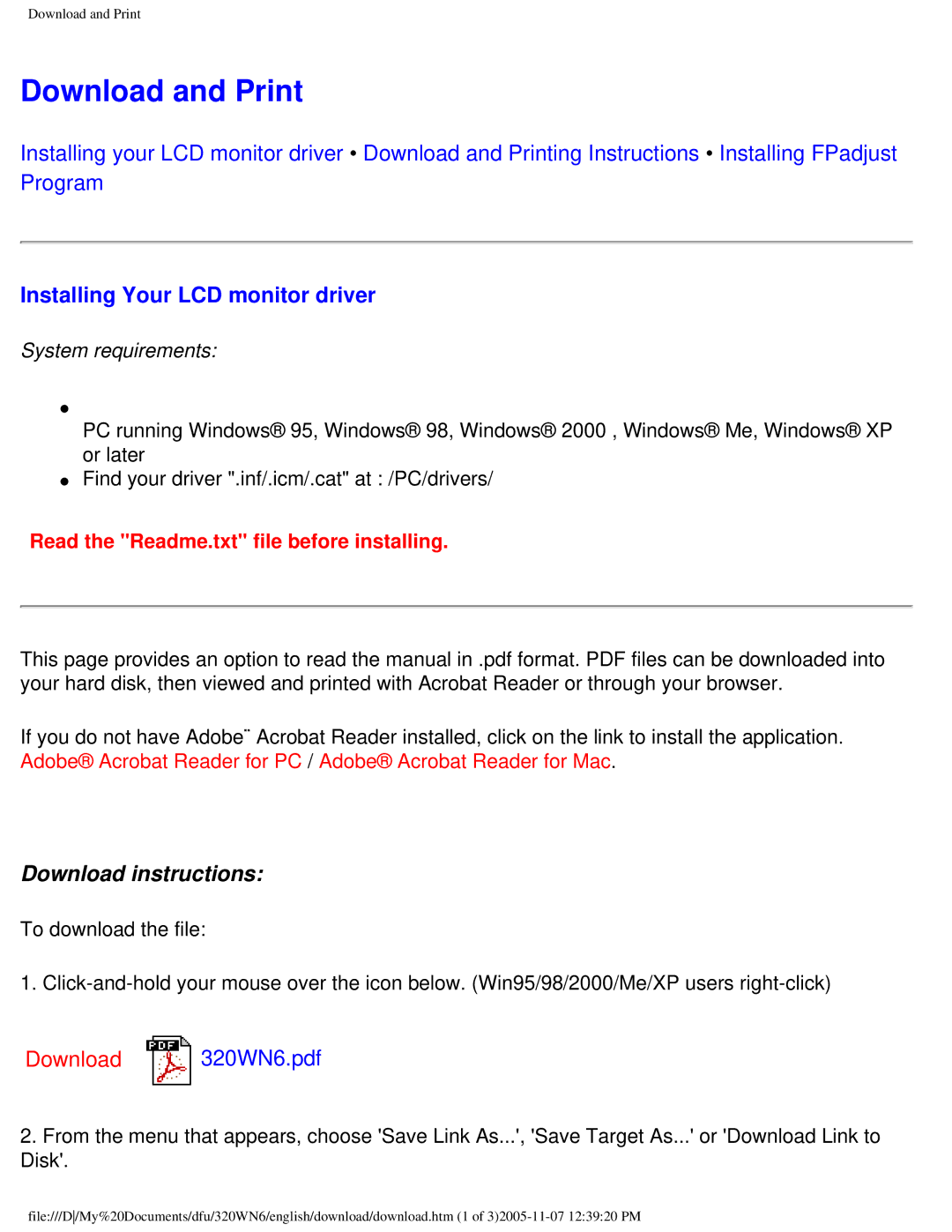 Philips 320WN6 manual Download and Print, Installing Your LCD monitor driver 