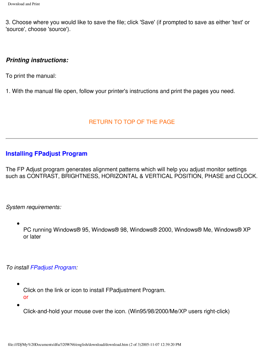 Philips 320WN6 manual Printing instructions, Installing FPadjust Program 