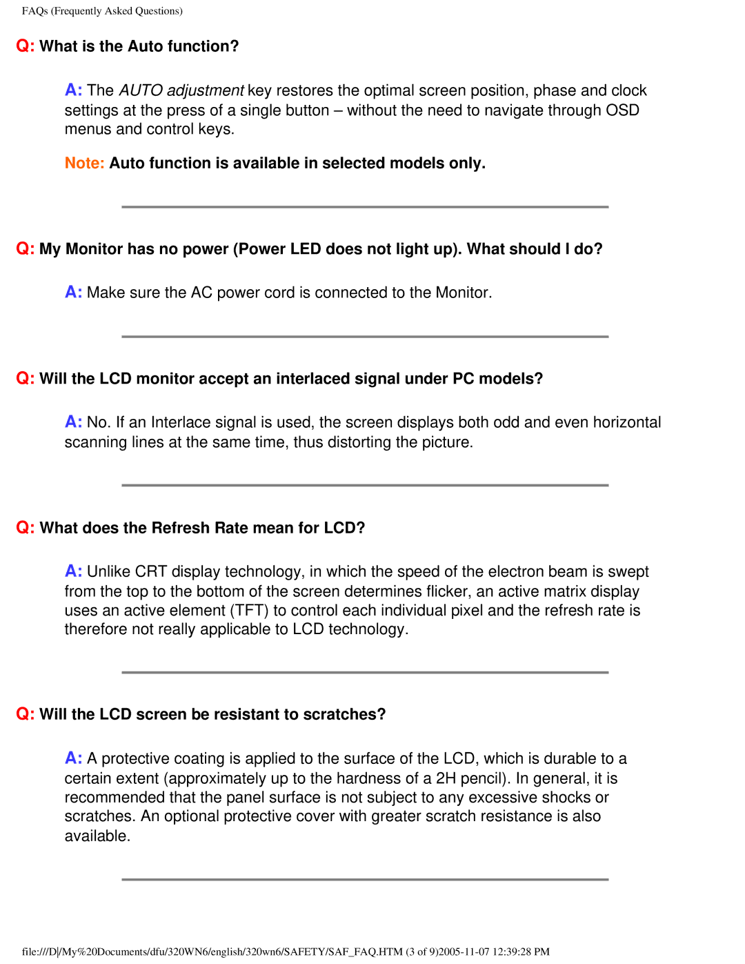 Philips 320WN6 manual What is the Auto function?, What does the Refresh Rate mean for LCD? 