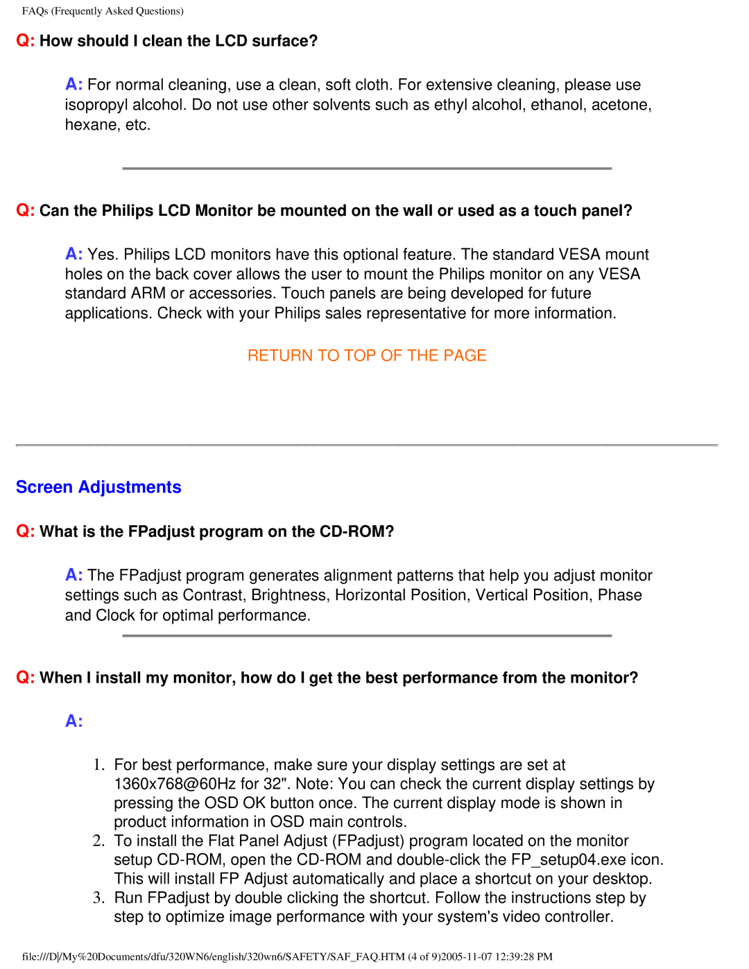 Philips 320WN6 manual Screen Adjustments, How should I clean the LCD surface?, What is the FPadjust program on the CD-ROM? 
