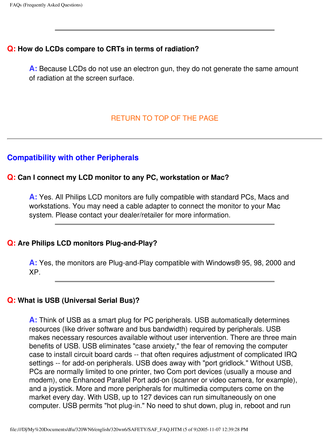 Philips 320WN6 manual Compatibility with other Peripherals, How do LCDs compare to CRTs in terms of radiation? 