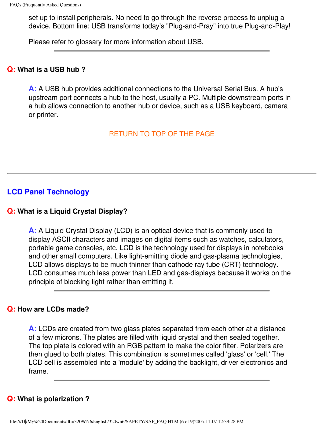 Philips 320WN6 manual LCD Panel Technology, What is a USB hub ?, What is a Liquid Crystal Display?, How are LCDs made? 