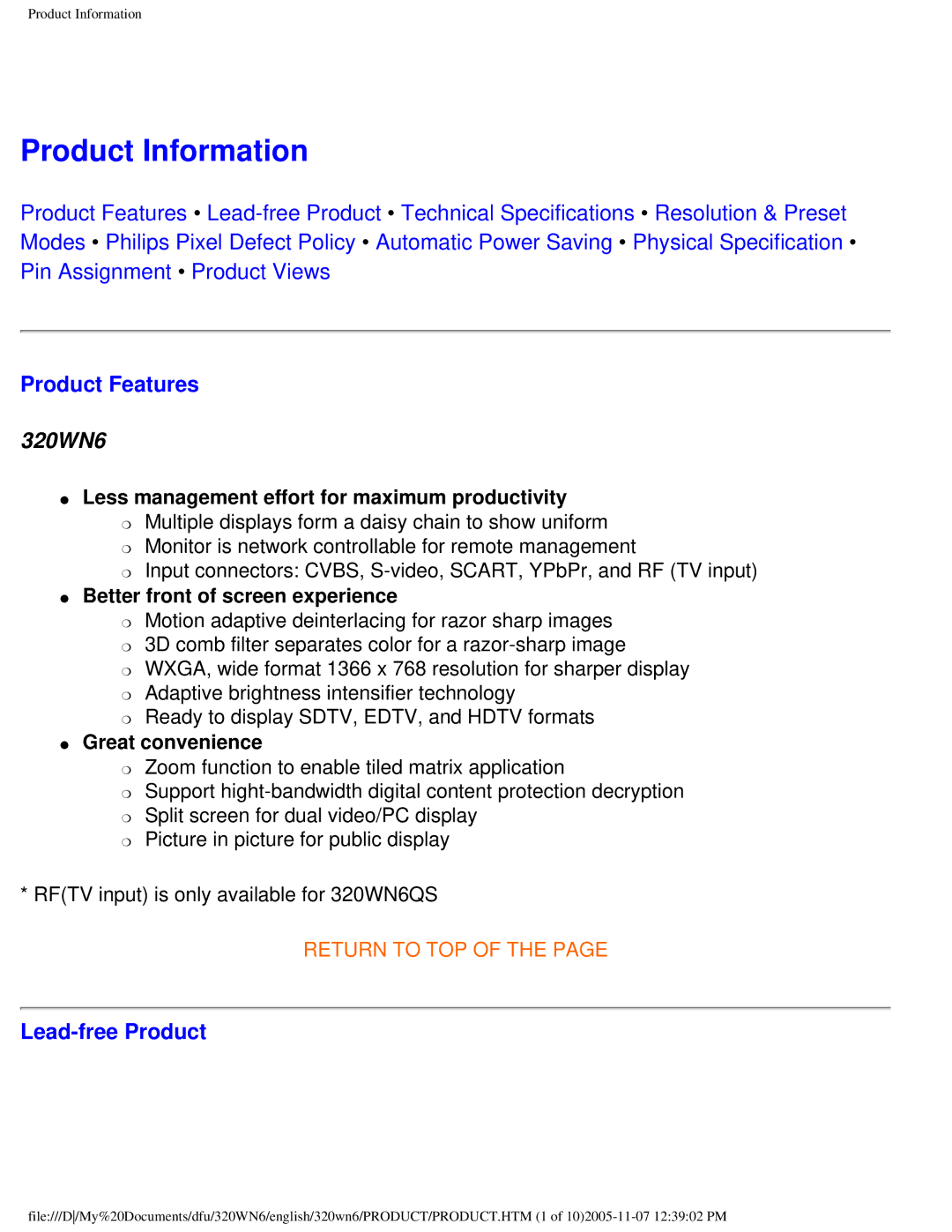 Philips 320WN6 manual Product Information, Product Features, Lead-free Product 