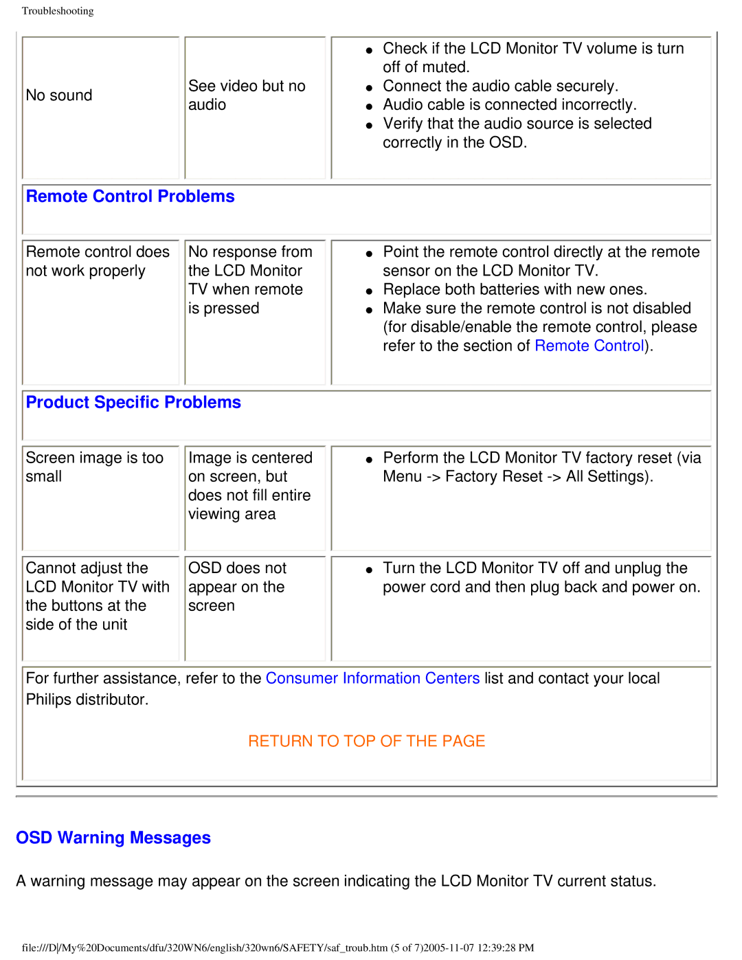 Philips 320WN6 manual Remote Control Problems, Product Specific Problems, OSD Warning Messages 
