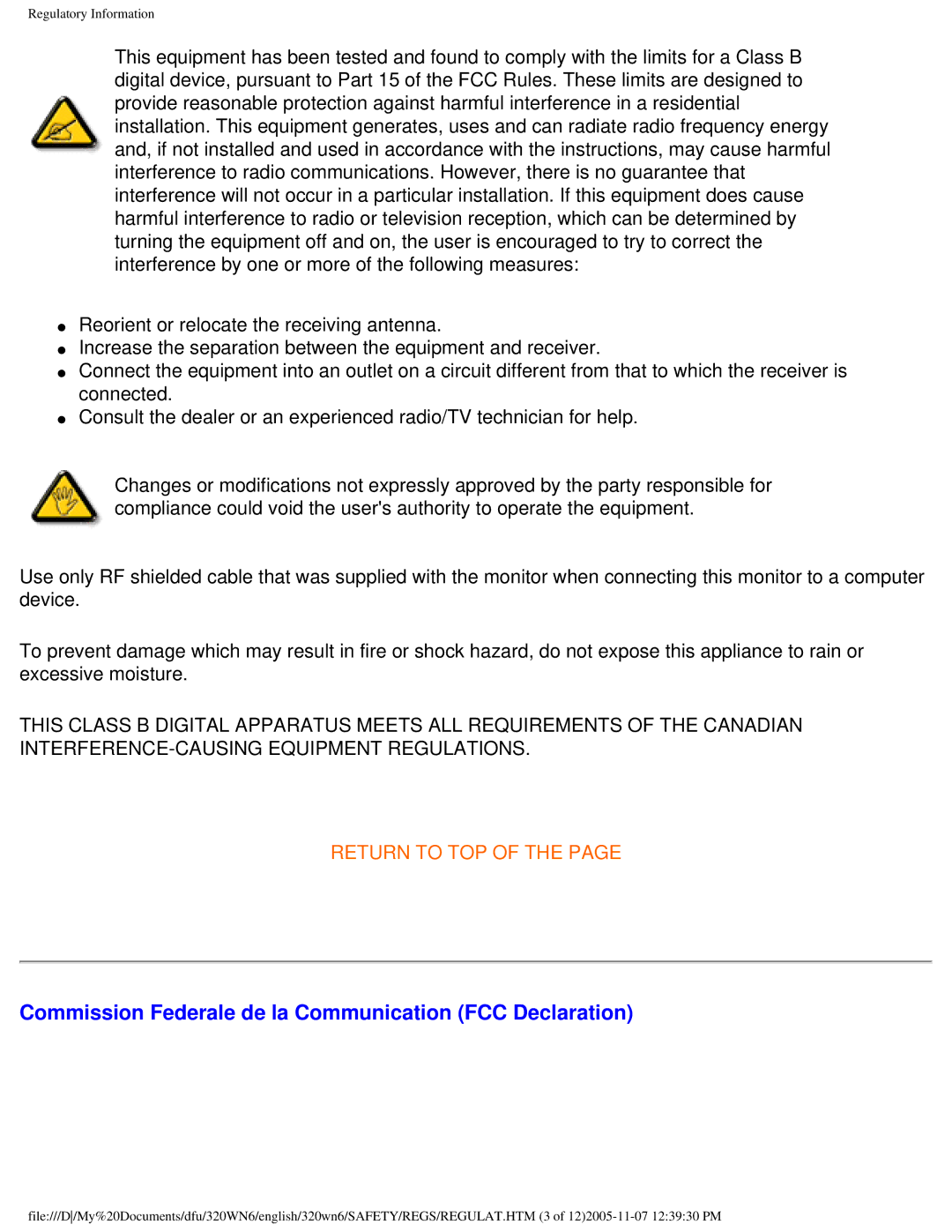 Philips 320WN6 manual Commission Federale de la Communication FCC Declaration 