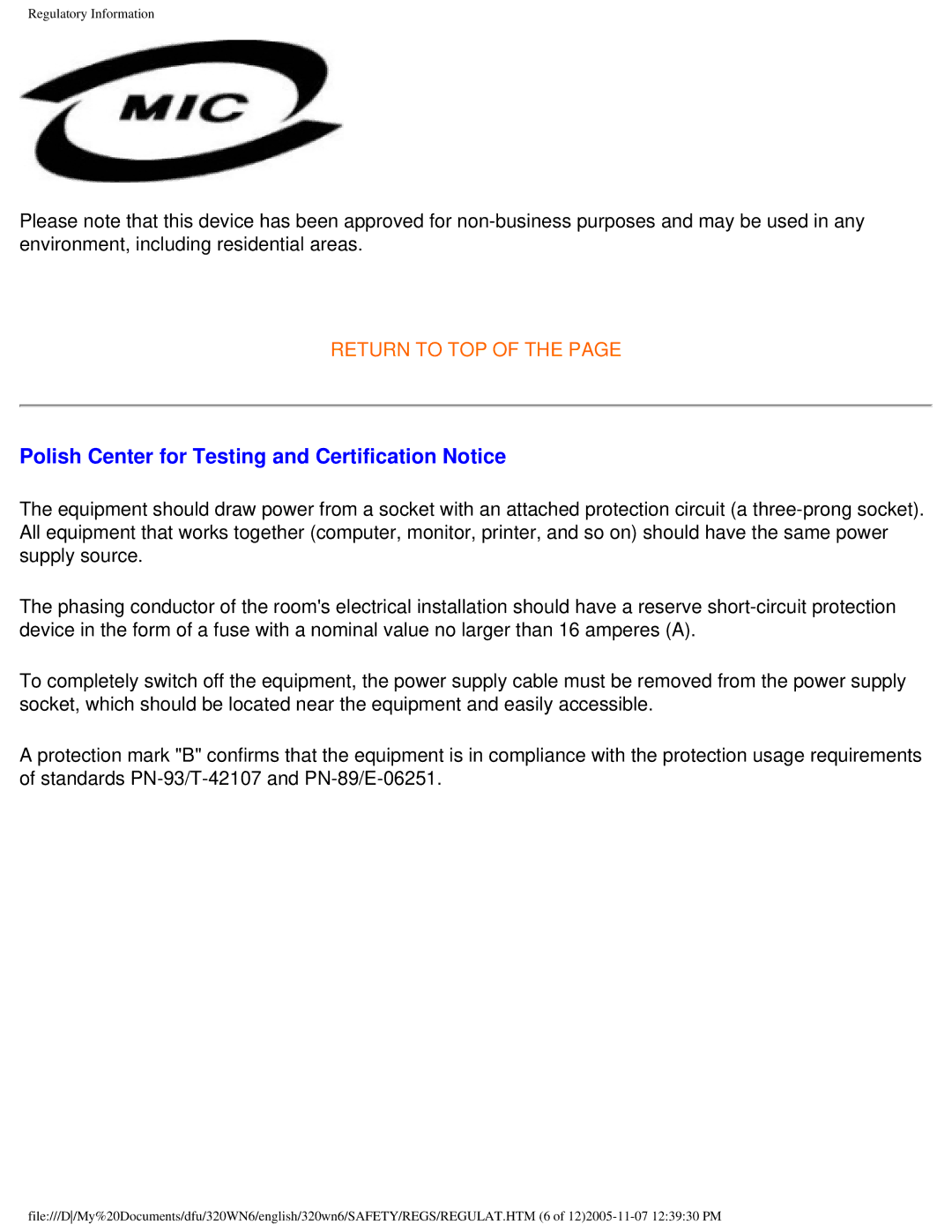 Philips 320WN6 manual Polish Center for Testing and Certification Notice 