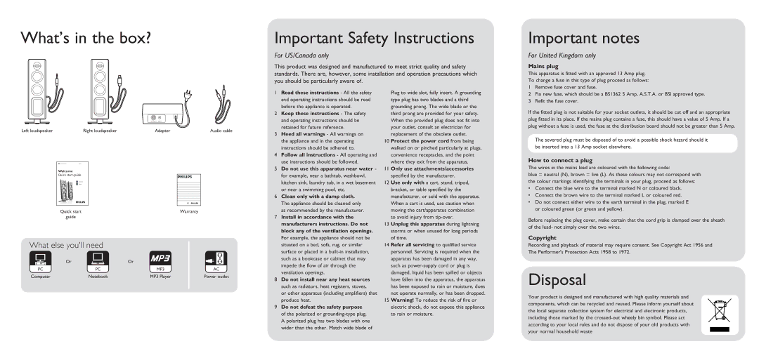 Philips 321 quick start What’s in the box? Important Safety Instructions, Important notes, Disposal 