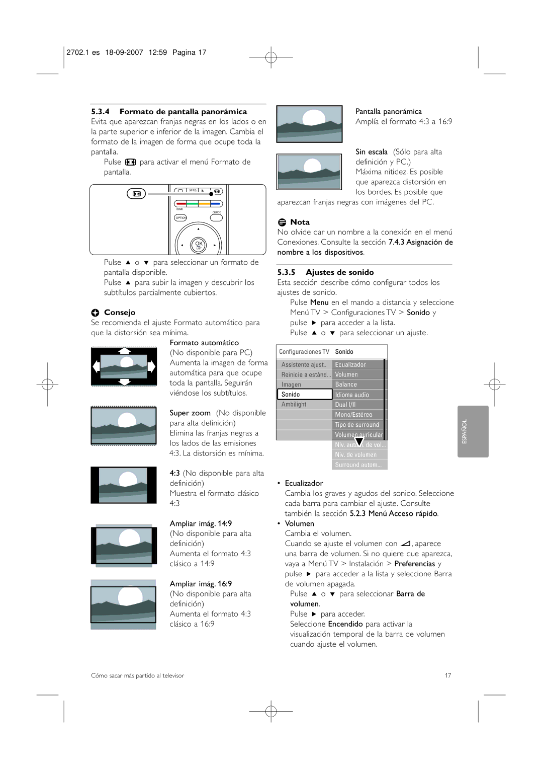 Philips 32/42HF9385D manual Formato de pantalla panorámica, Aparezcan franjas negras con imágenes del PC, Ajustes de sonido 