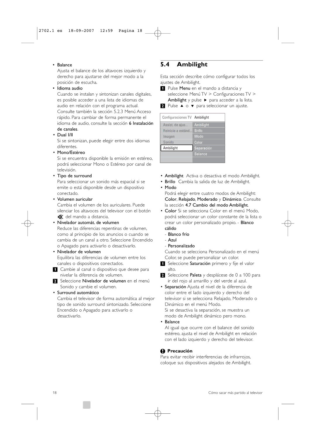 Philips 32/42HF9385D manual Ambilight, Balance, Precaución 