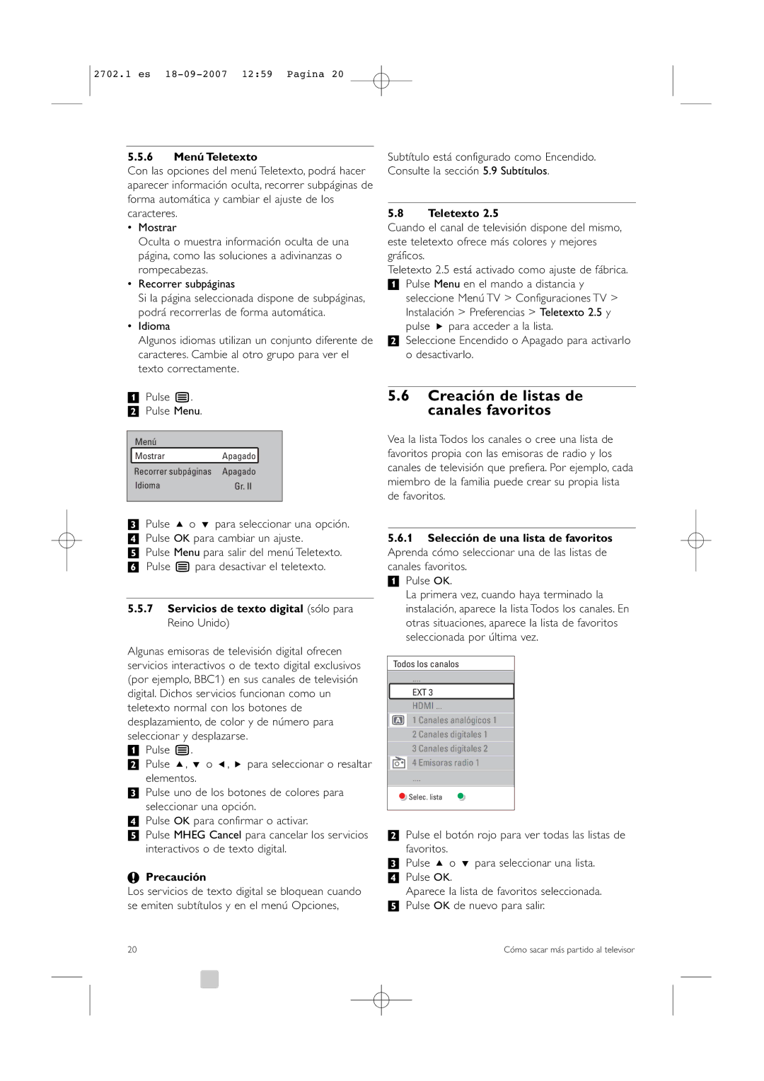 Philips 32/42HF9385D manual Creación de listas de canales favoritos, 6 Menú Teletexto, ‡ Pulse OK 