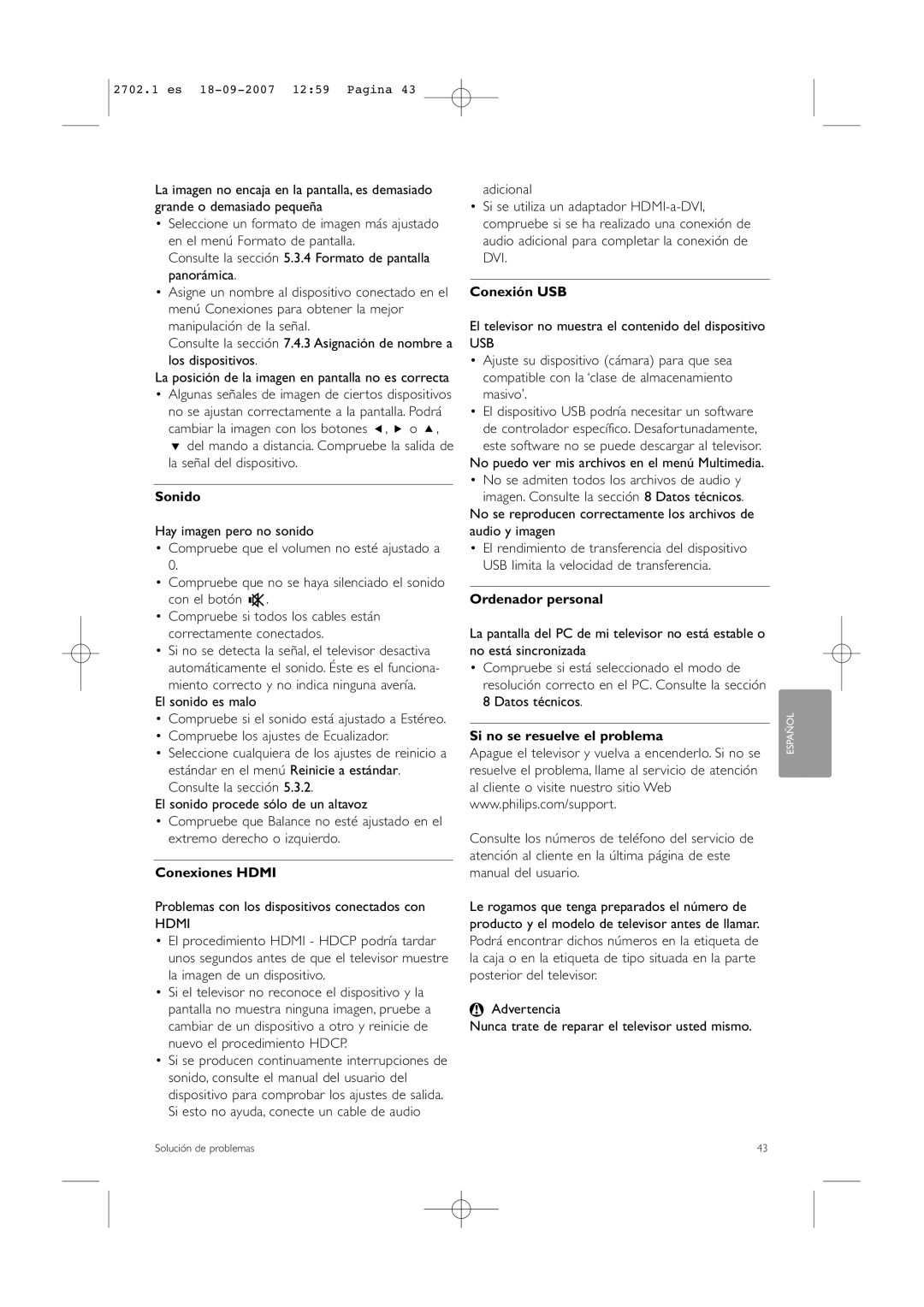 Philips 32/42HF9385D manual Sonido, Conexiones Hdmi, Conexión USB, Si no se resuelve el problema 