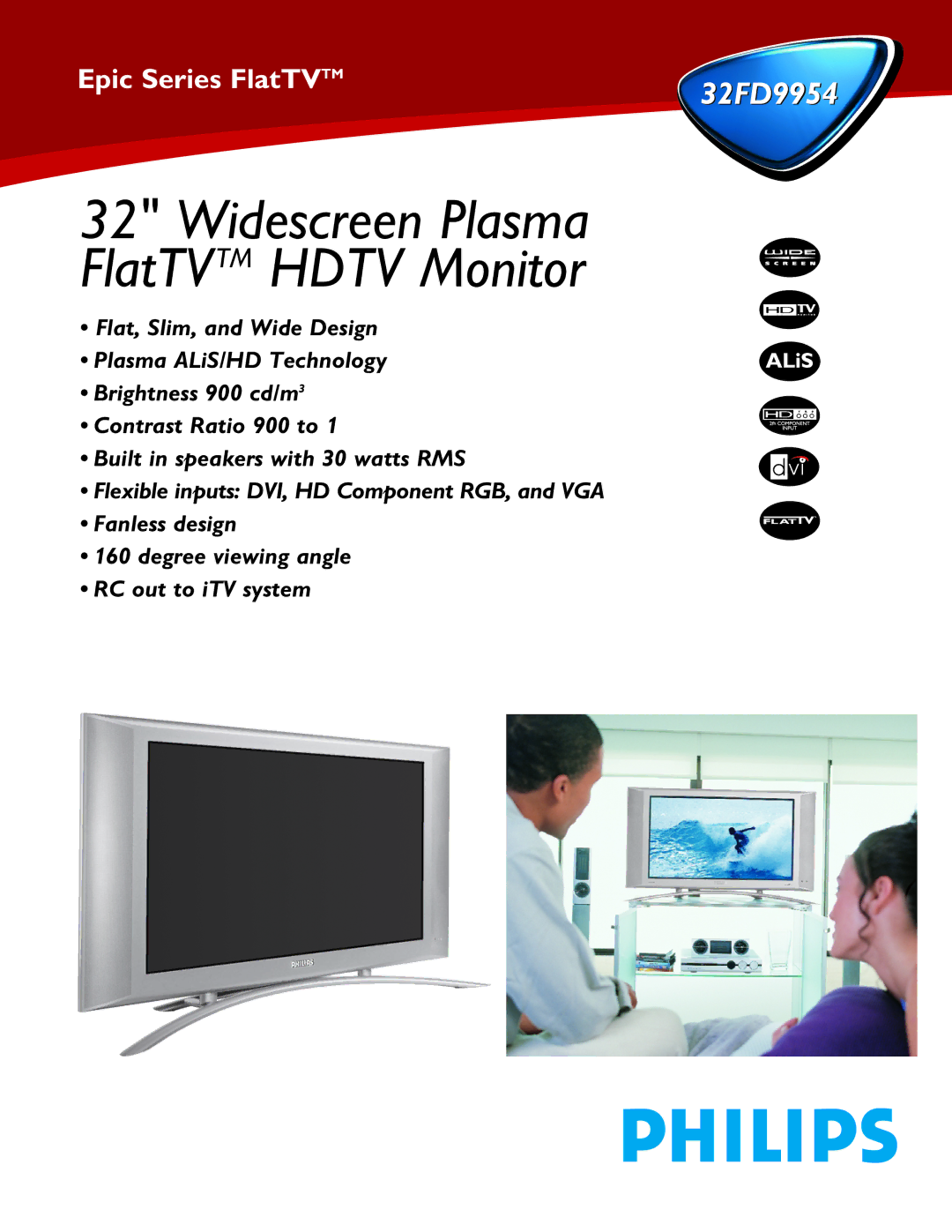 Philips 32FD 9954 manual Widescreen Plasma FlatTVTM Hdtv Monitor 