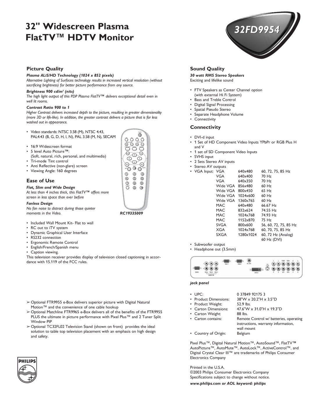 Philips 32FD 9954 manual Picture Quality, Sound Quality, Connectivity, Ease of Use 