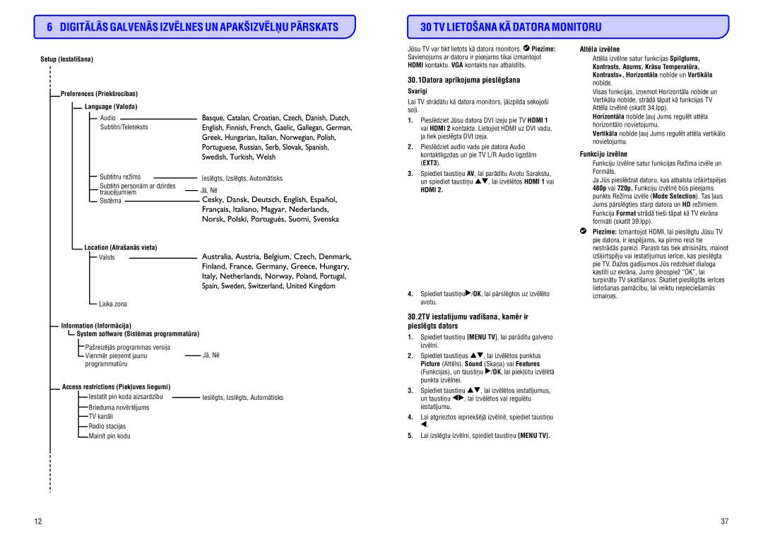 Philips 32HF5335D manual 30.1Datora aprîkojuma pieslçgðana, 30.2TV iestatîjumu vadîðana, kamçr ir pieslçgts dators 