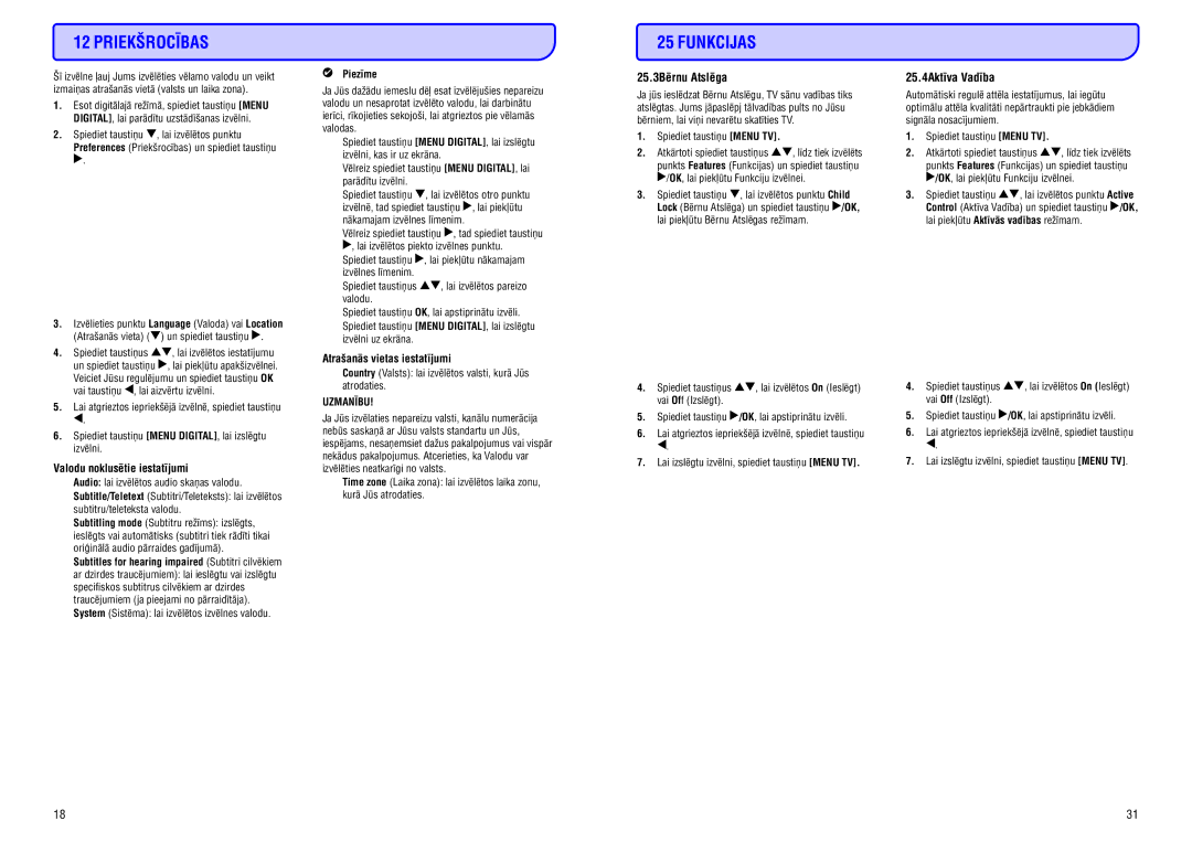 Philips 32HF5335D manual Priekðrocîbas, Funkcijas 