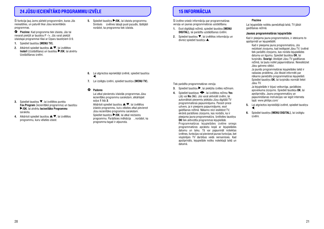 Philips 32HF5335D manual 24 Jûsu Iecienîtâko Programmu Izvçle Informâcija, Jaunas programmatûras lejupielâde 