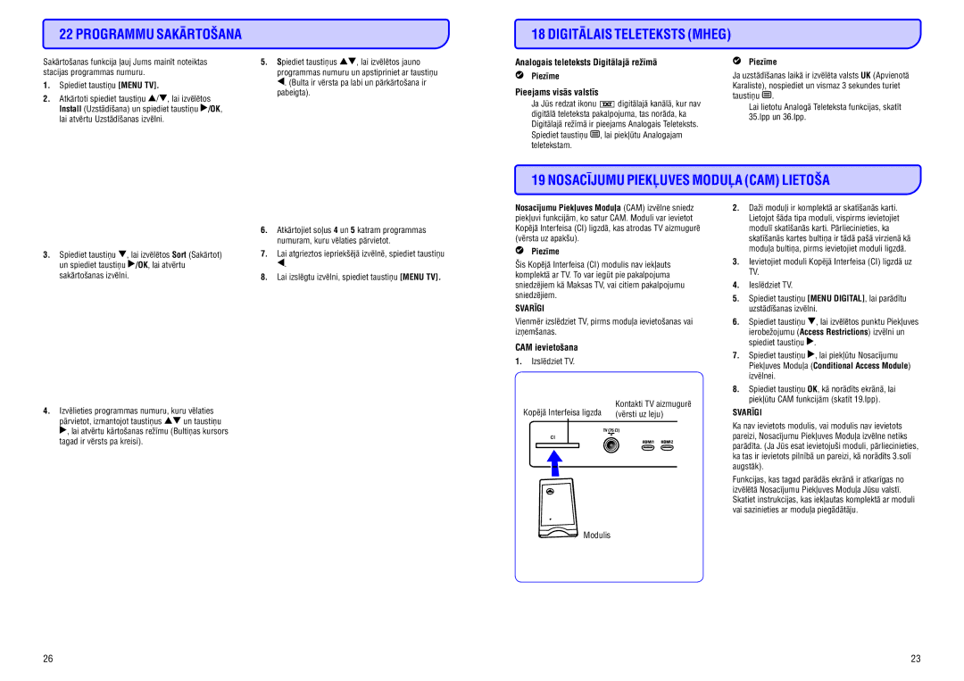 Philips 32HF5335D manual Programmu Sakârtoðana Digitâlais Teleteksts Mheg, Nosacîjumu Piekïuves Moduïa CAM Lietoða 