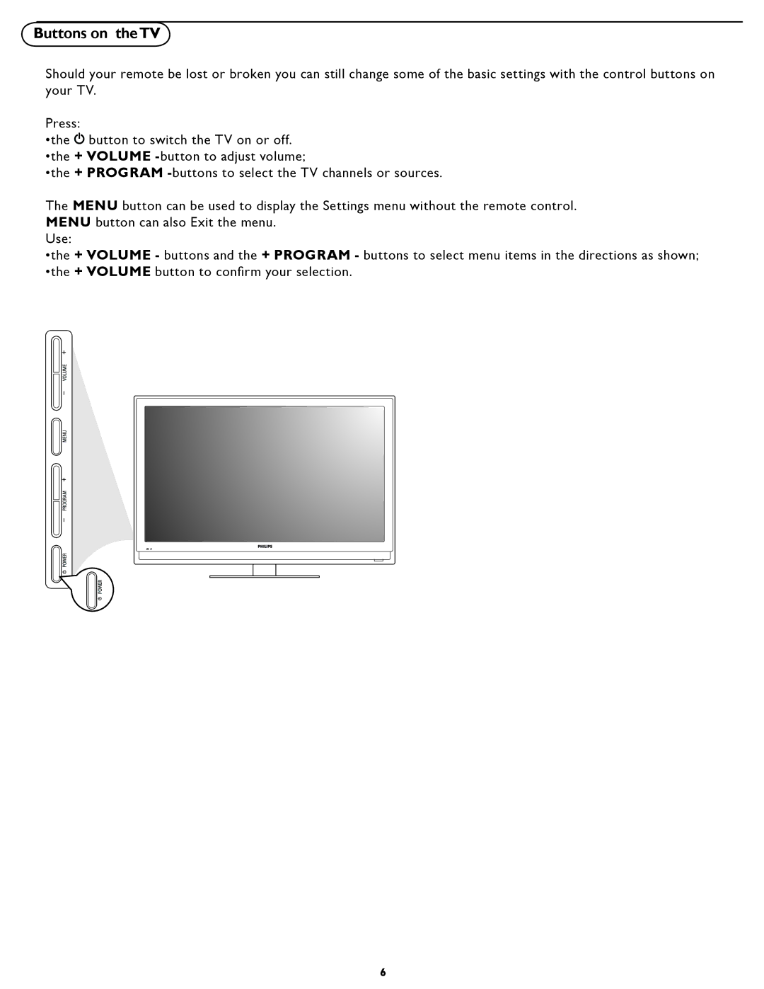 Philips 32HF7445 user manual Buttons on theTV 