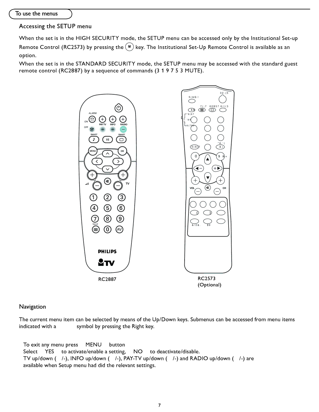 Philips 32HF7445 user manual To use the menus Accessing the Setup menu, Navigation 