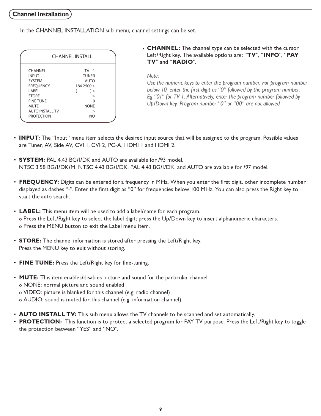 Philips 32HF7445 user manual Channel Installation sub-menu, channel settings can be set 