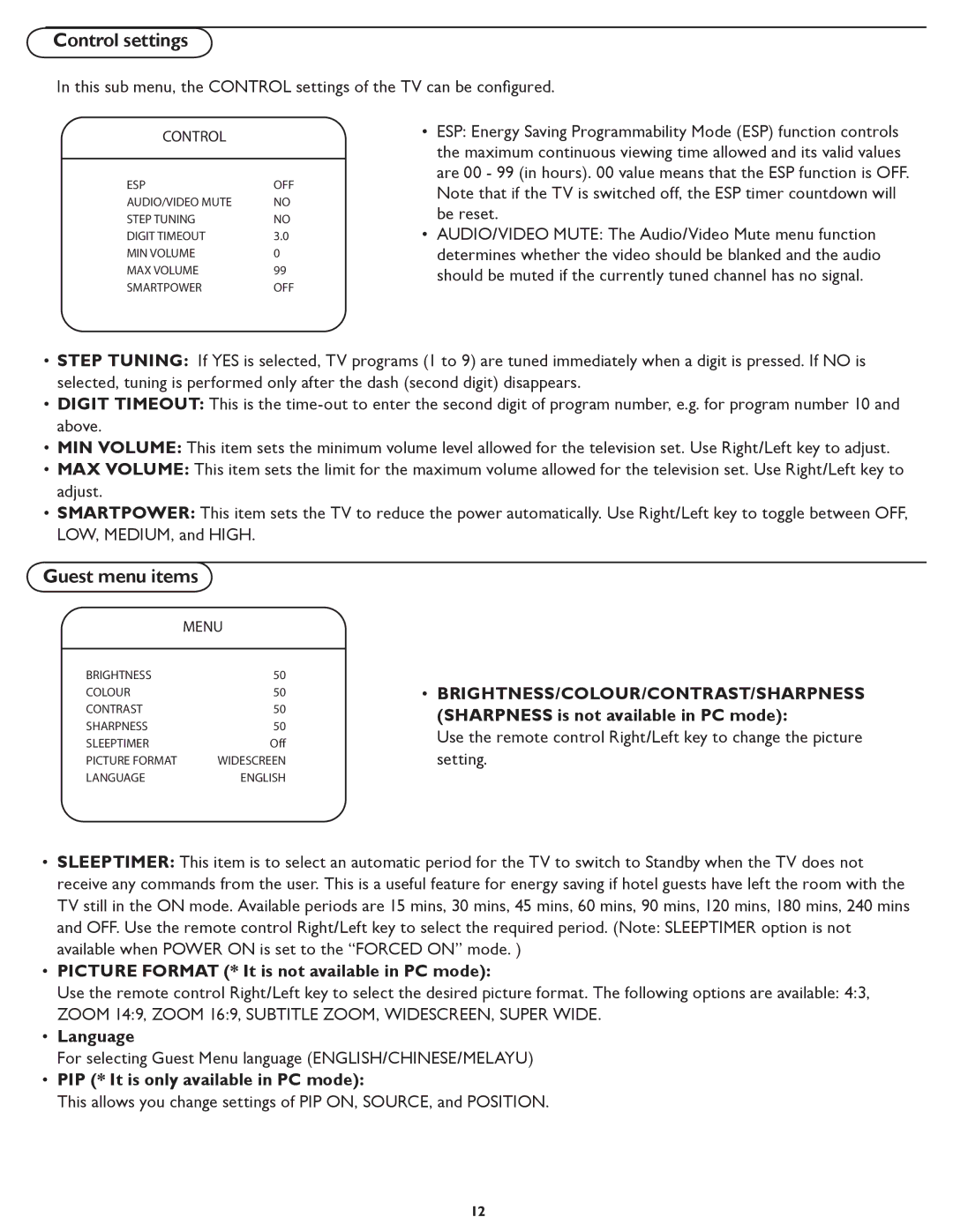 Philips 32HF7445 Picture Format * It is not available in PC mode, Language, PIP * It is only available in PC mode 