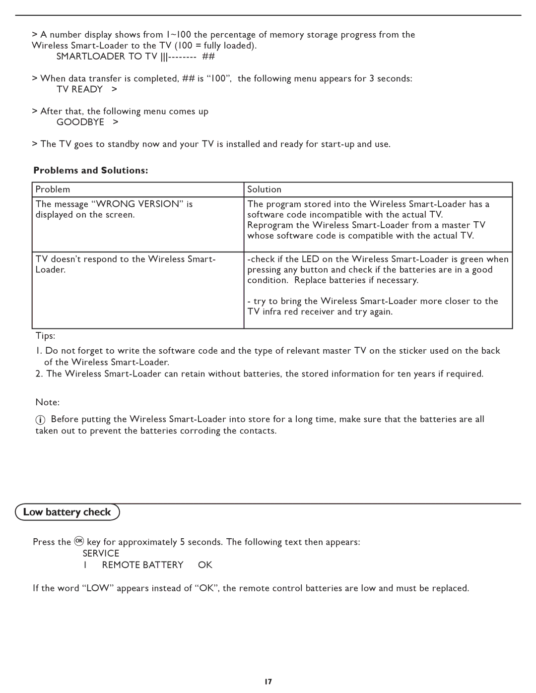 Philips 32HF7445 user manual Problems and Solutions, Service Remote Battery OK 