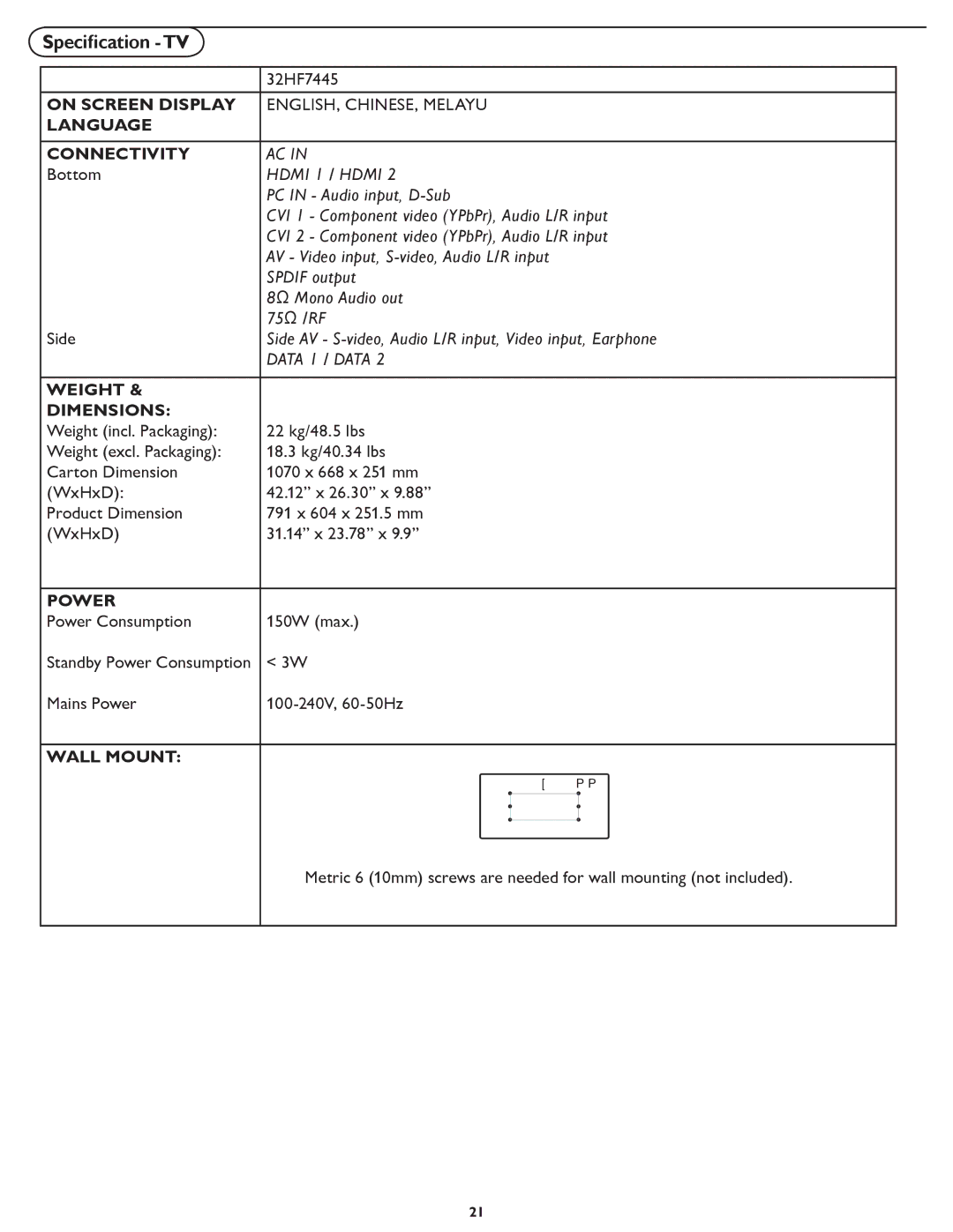 Philips 32HF7445 user manual Speciﬁcation -TV, Language Connectivity 