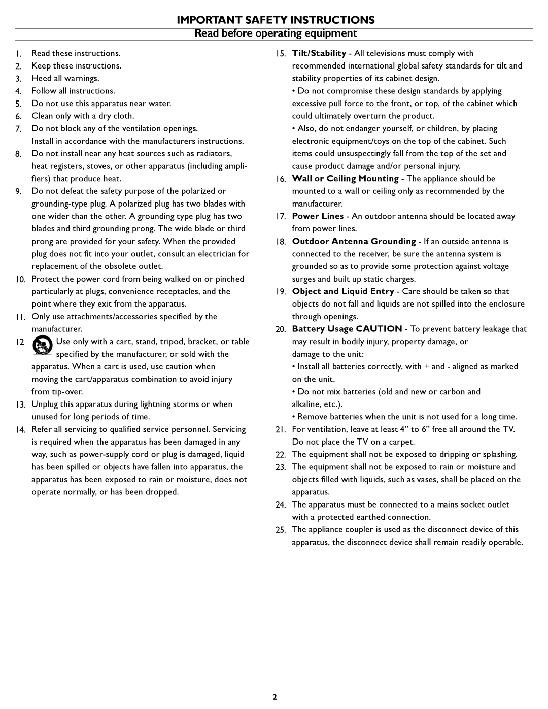 Philips 32HF7445 user manual Important Safety Instructions, Read before operating equipment 