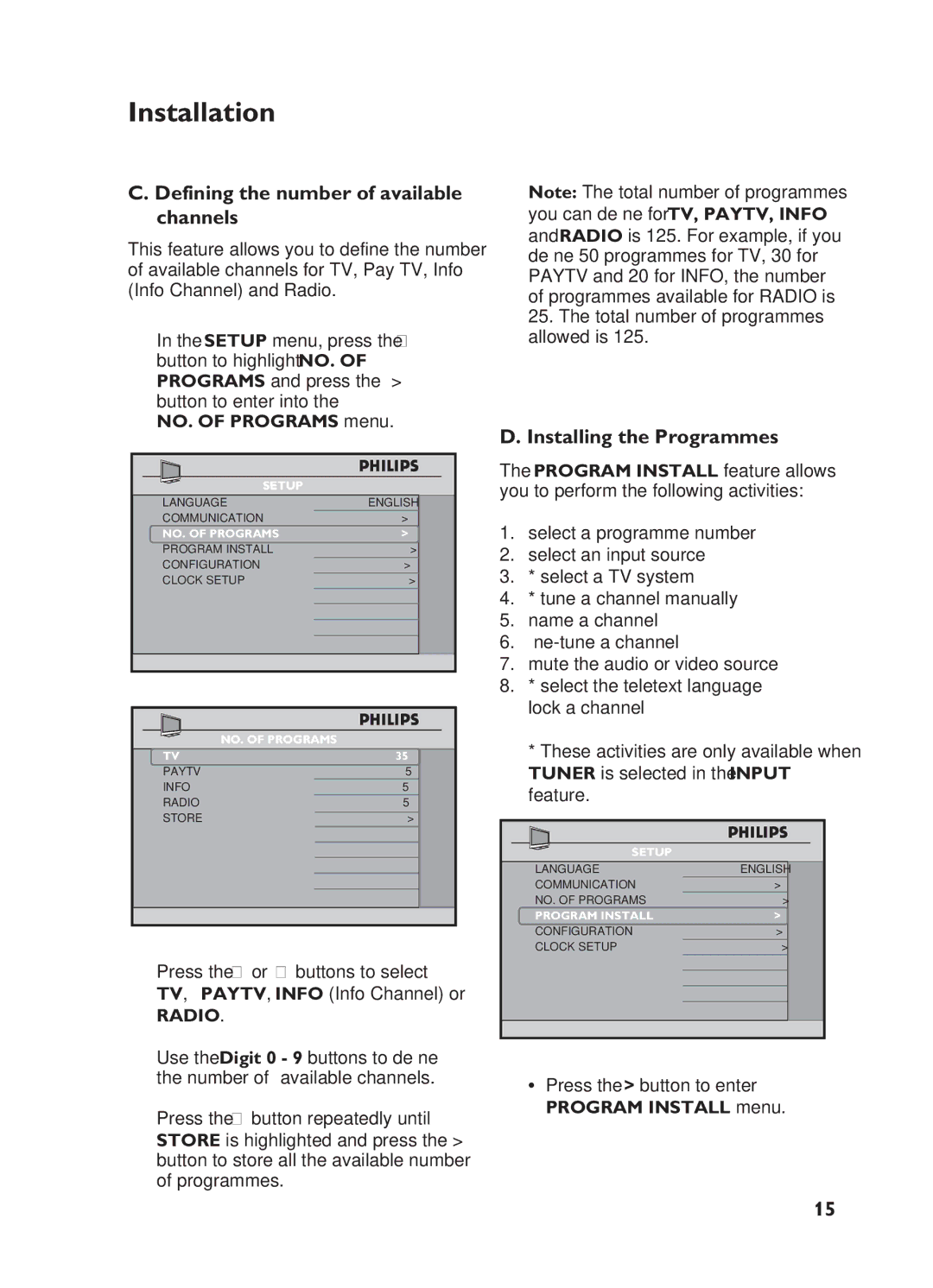 Philips 32HF5445 Defining the number of available channels, Installing the Programmes, NO. of Programs menu, Radio 