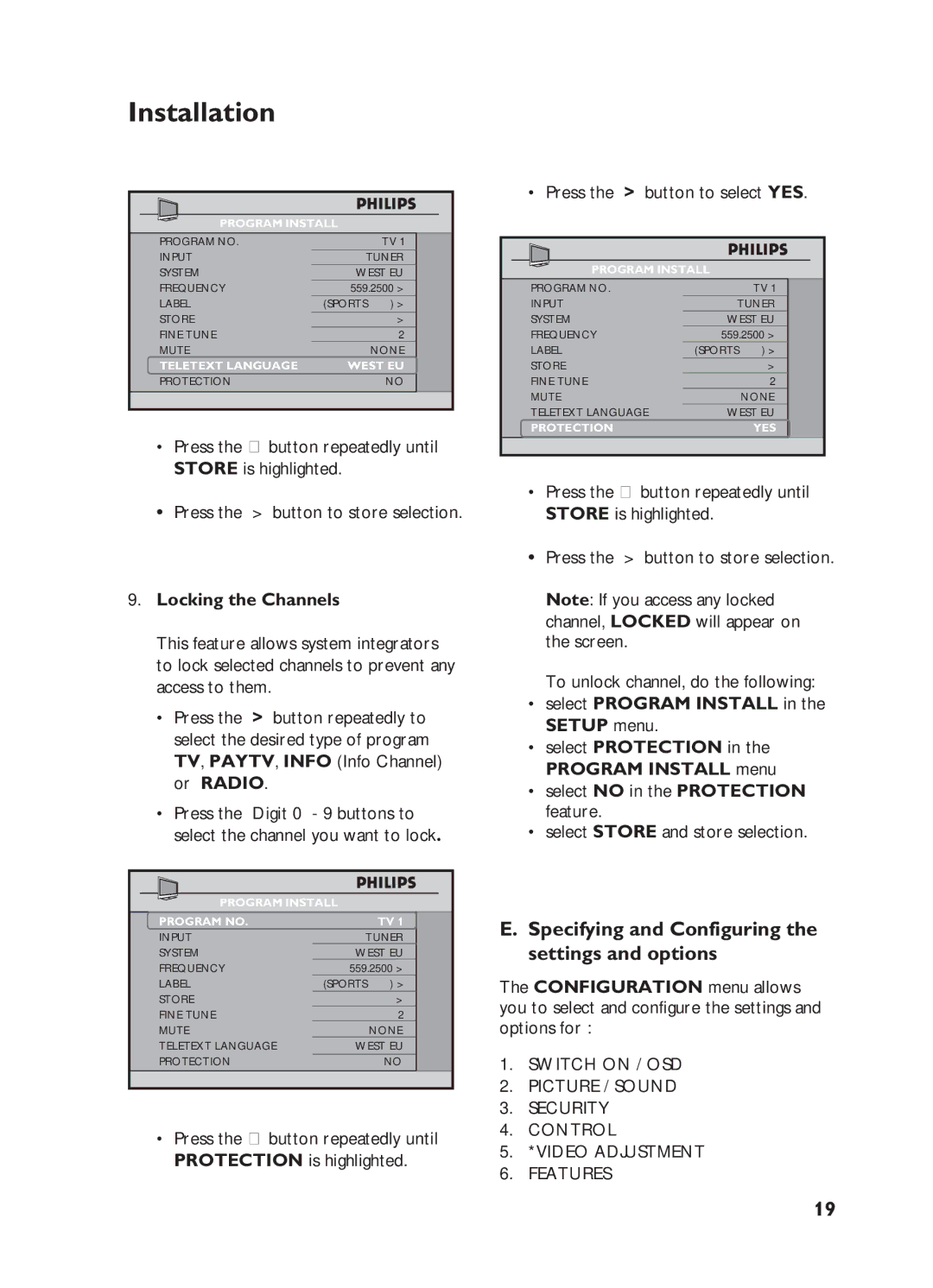 Philips 32HF5445 Specifying and Configuring the settings and options, Locking the Channels, Press the button to select YES 