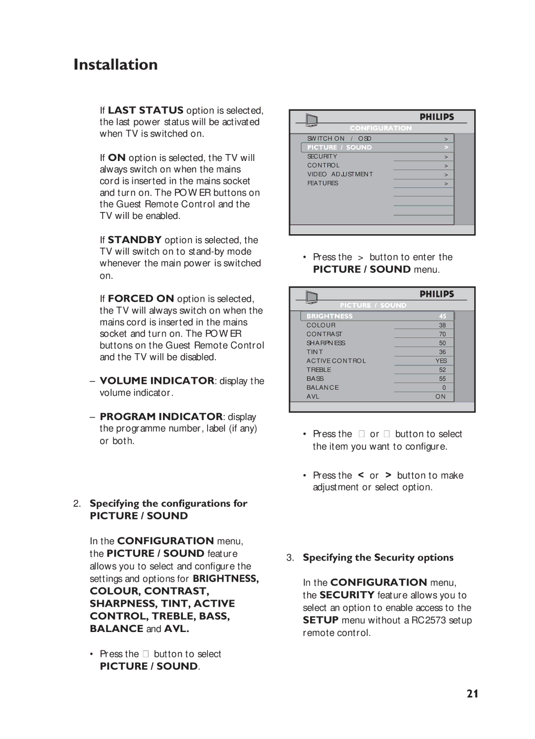 Philips 32HF5445, 32HF7875 Press the button to enter the Picture / Sound menu, Specifying the Security options 