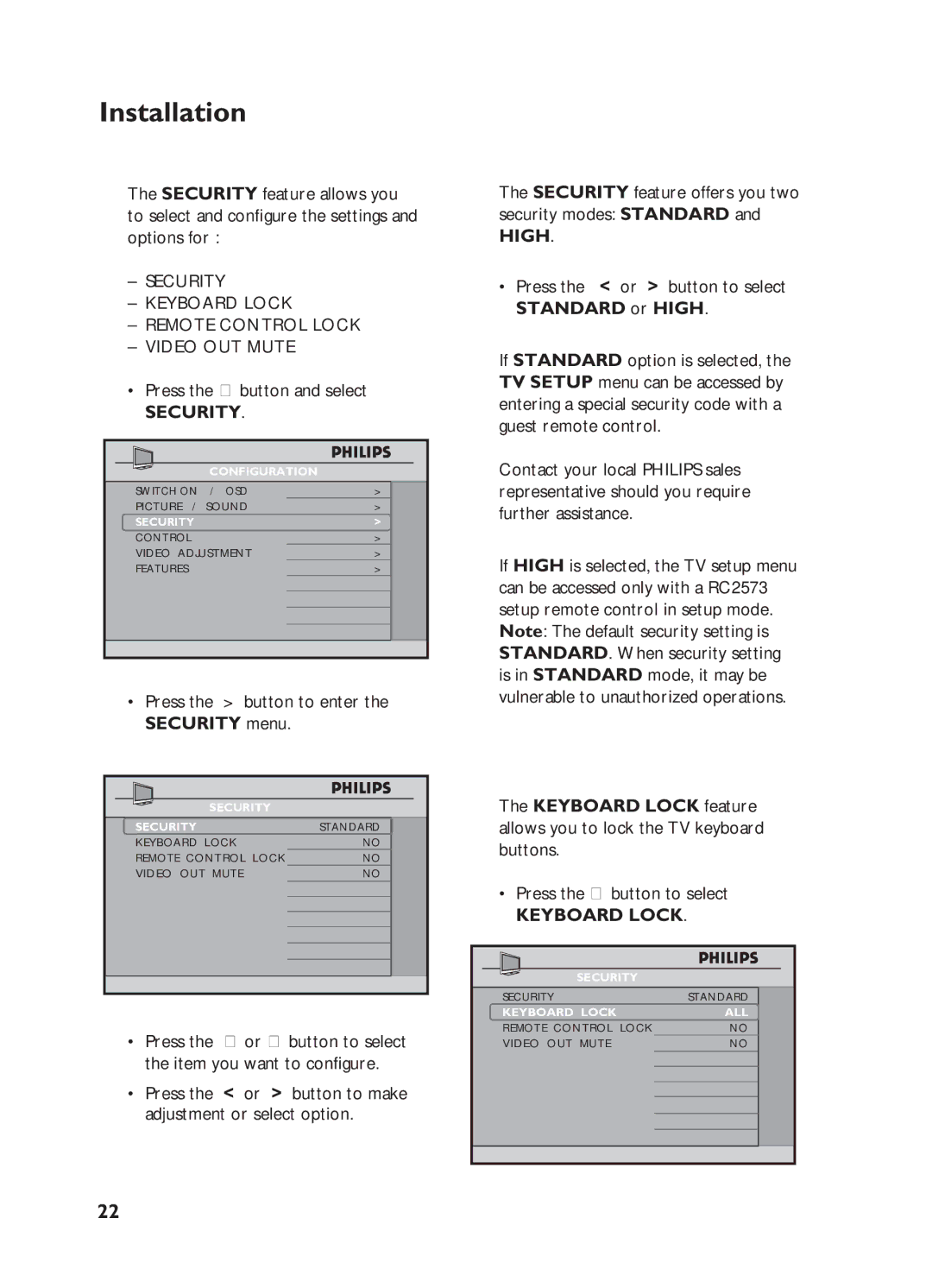 Philips 32HF7875, 32HF5445 Press the button and select, Press the button to enter the Security menu, Keyboard Lock 