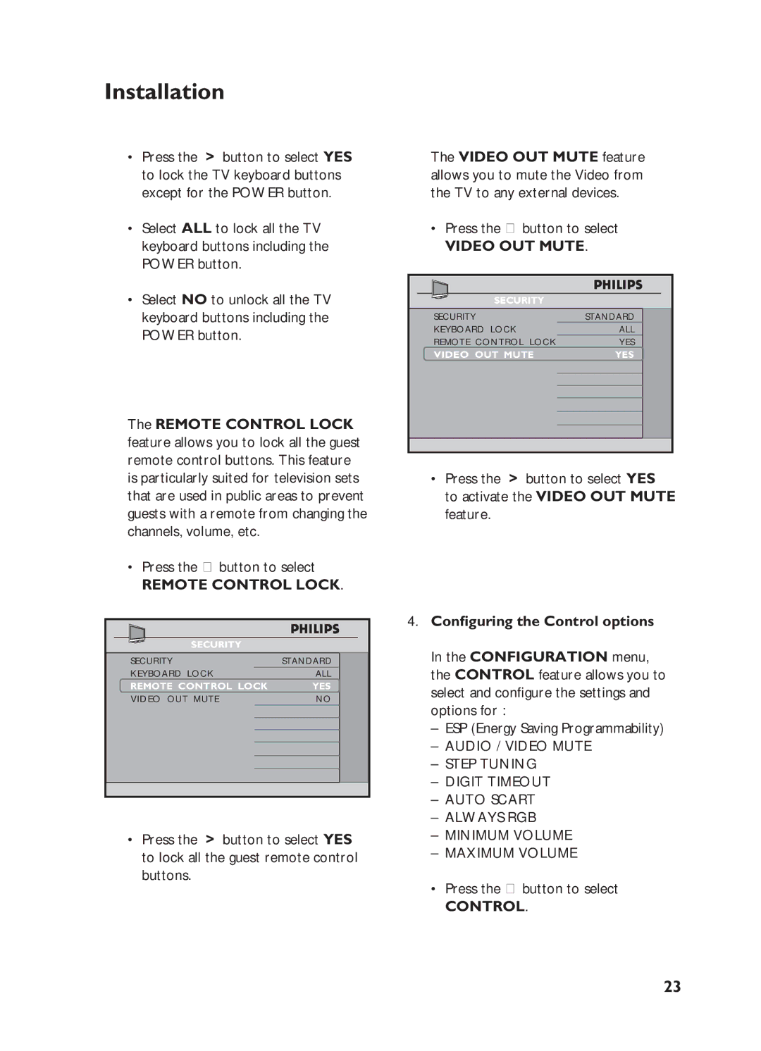 Philips 32HF5445, 32HF7875 user manual Remote Control Lock, Video OUT Mute, Conﬁguring the Control options 