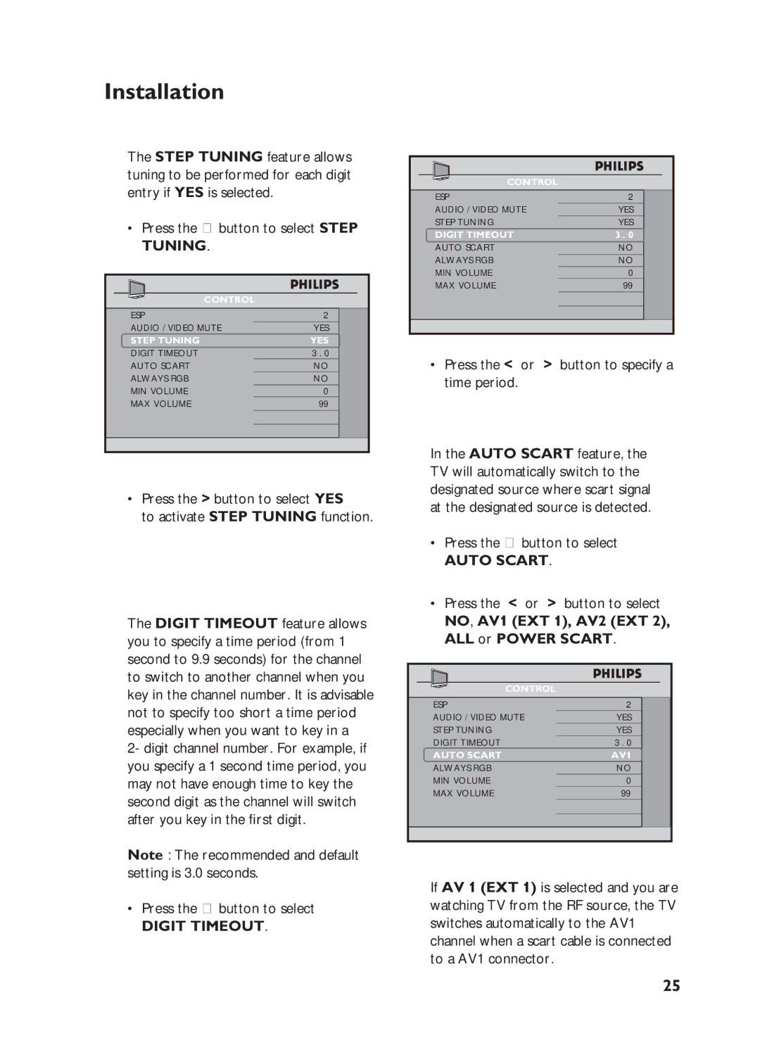 Philips 32HF5445, 32HF7875 user manual Digit Timeout, Press the or button to specify a time period, Auto Scart 