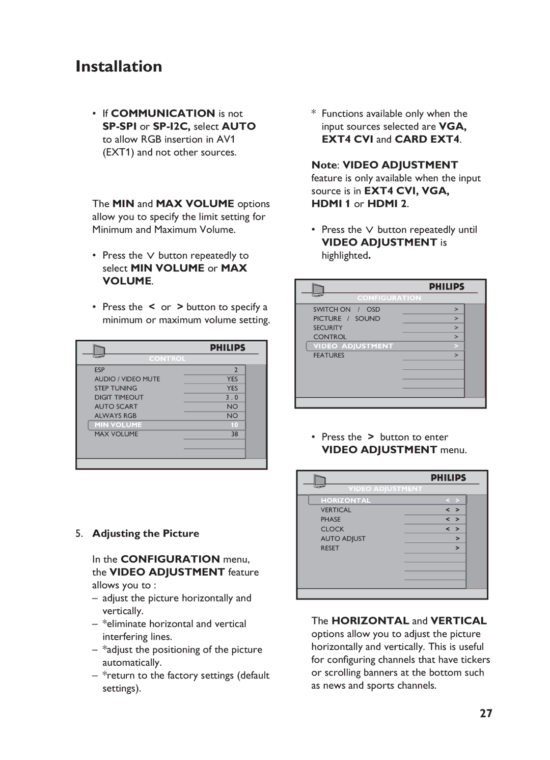 Philips 32HF5445, 32HF7875 user manual Adjusting the Picture, Press the button to enter Video Adjustment menu 