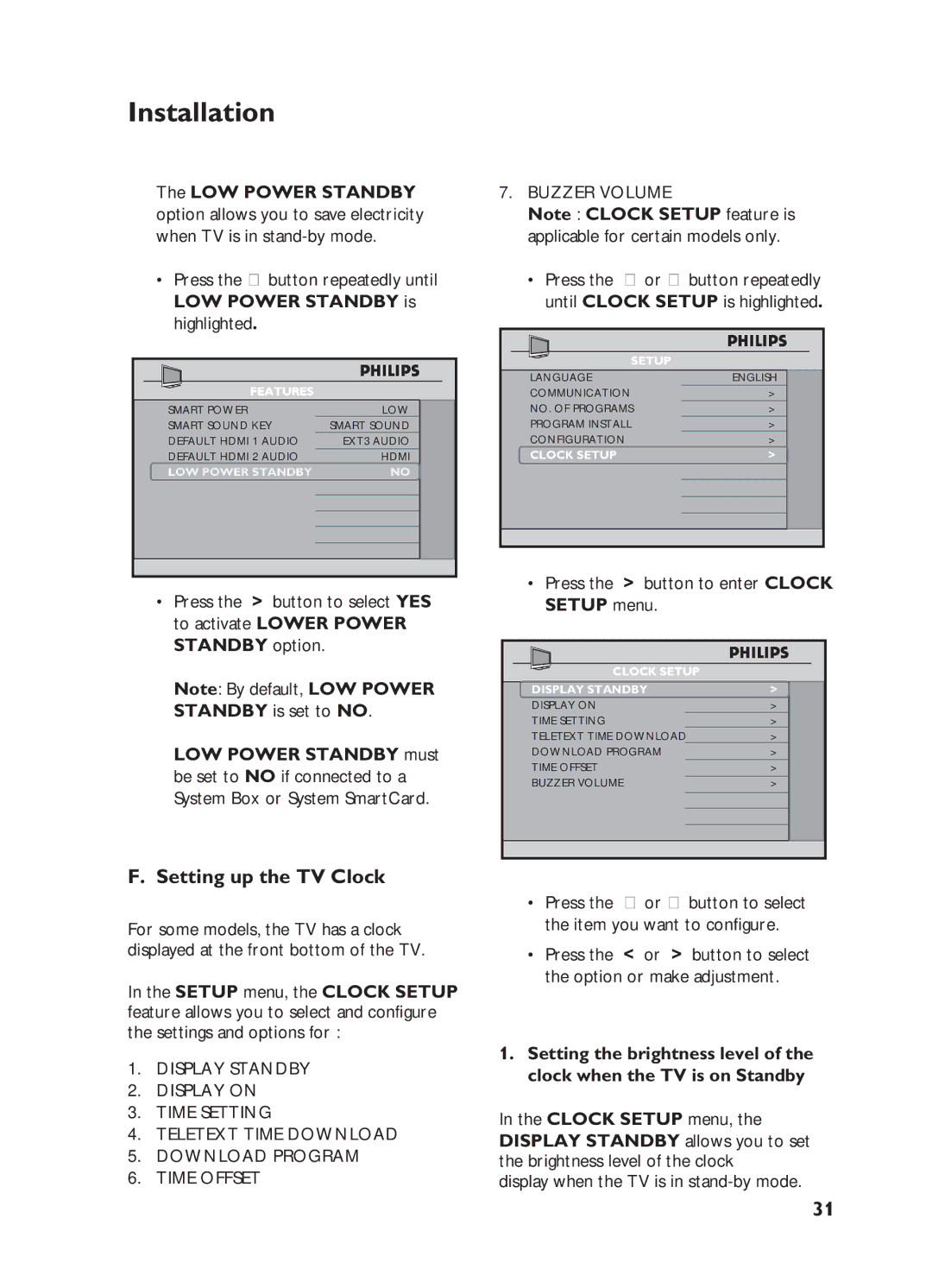 Philips 32HF5445, 32HF7875 user manual Setting up the TV Clock, Press the button to enter Clock Setup menu 