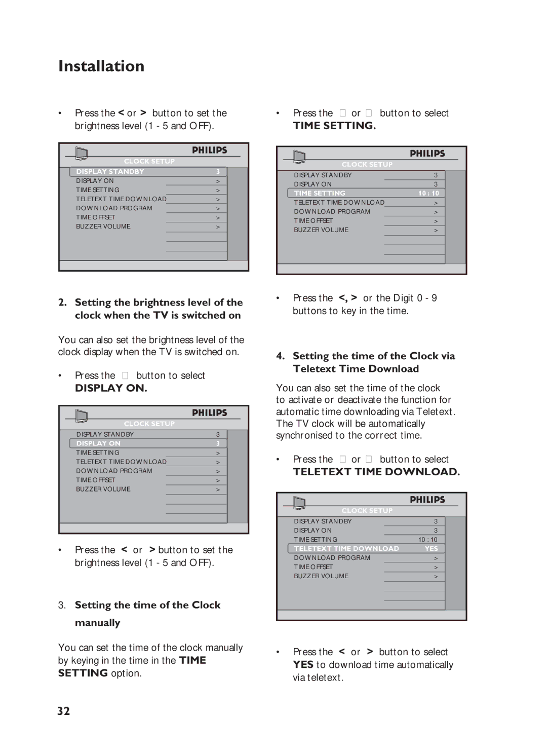 Philips 32HF7875, 32HF5445 Display on, Setting the time of the Clock manually, Time Setting, Teletext Time Download 