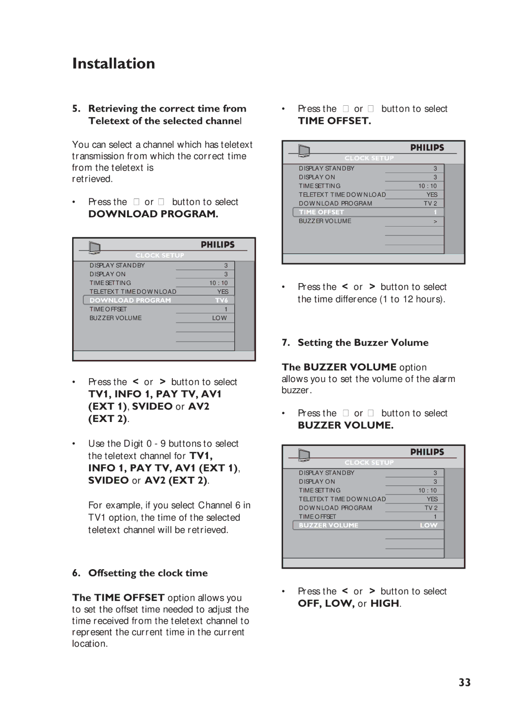 Philips 32HF5445 Download Program, TV1, Info 1, PAY TV, AV1 EXT 1, Svideo or AV2, Offsetting the clock time, Time Offset 