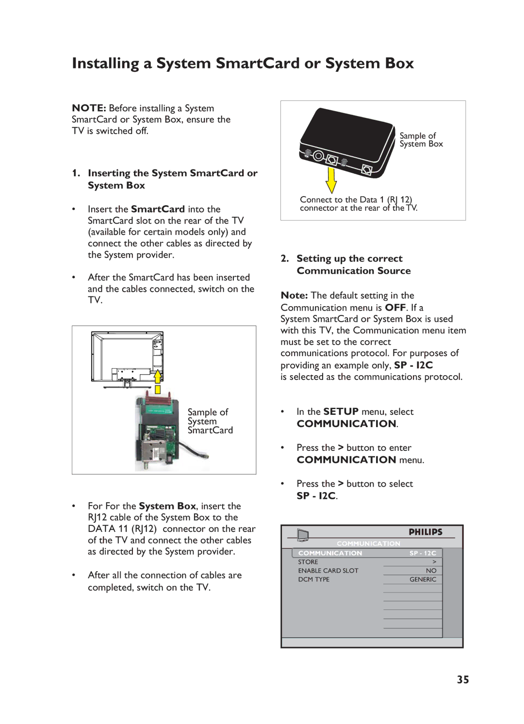 Philips 32HF5445 Installing a System SmartCard or System Box, Inserting the System SmartCard or System Box, Communication 