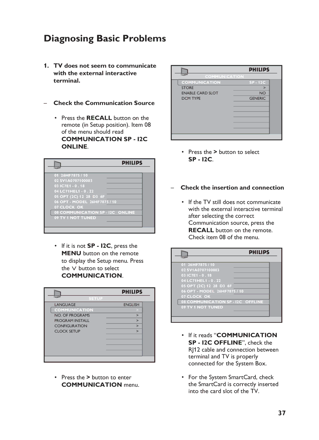 Philips 32HF5445, 32HF7875 user manual Diagnosing Basic Problems, Communication SP I2C, Online 